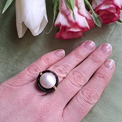 Vintage Mabe Pearl and Onyx Cocktail Ring