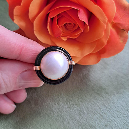 Vintage Mabe Pearl and Onyx Cocktail Ring