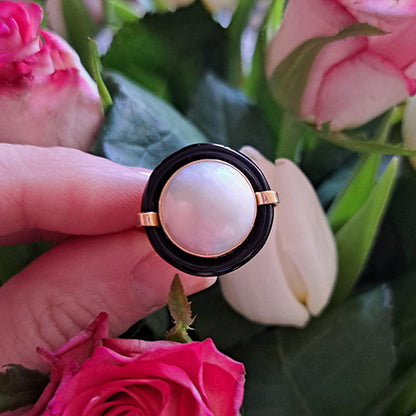 Vintage Mabe Pearl and Onyx Cocktail Ring