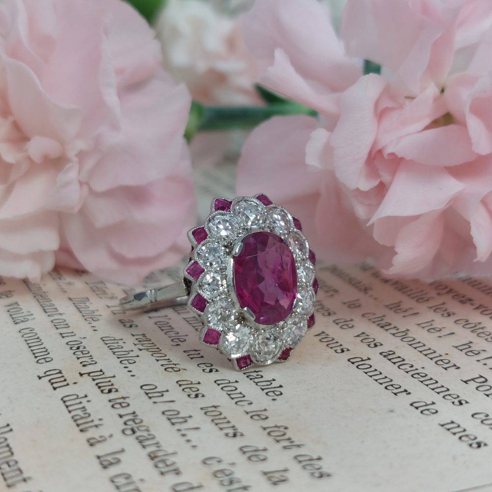 Art Deco Ruby diamond ring Burma No heat Cluster Ring. Antique edwardian