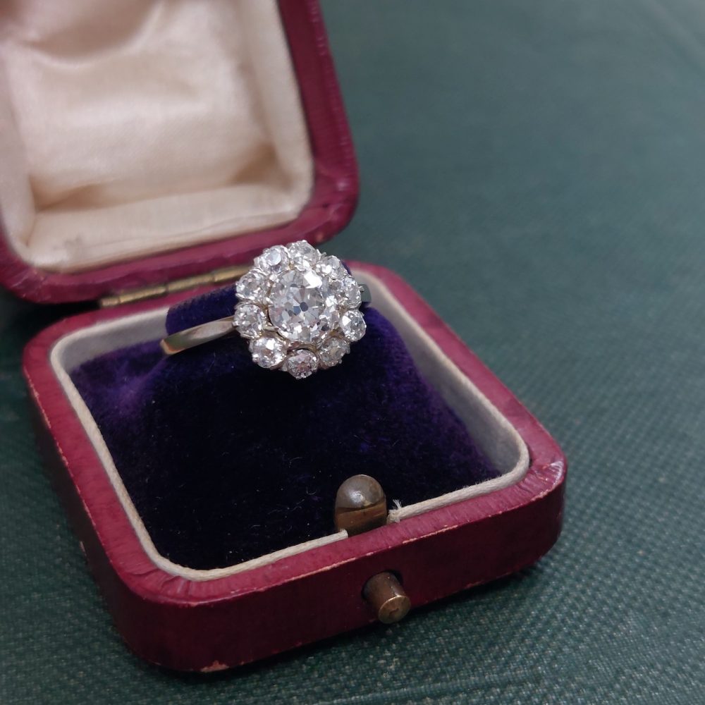 Antique diamond engagement cluster ring, old cut diamonds deco yellow gold