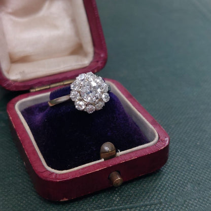 Antique diamond engagement cluster ring, old cut diamonds deco yellow gold