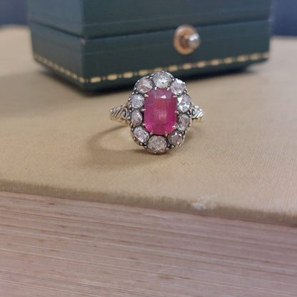 Antique Rose Cut Diamond and Pink Tourmaline Cluster Ring