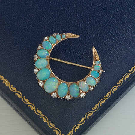 Antique Victorian Opal and Diamond Crescent Brooch