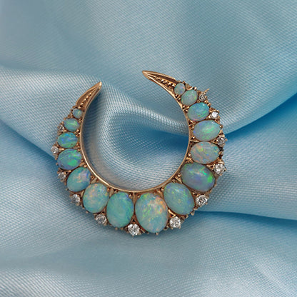Antique Victorian Opal and Diamond Crescent Brooch