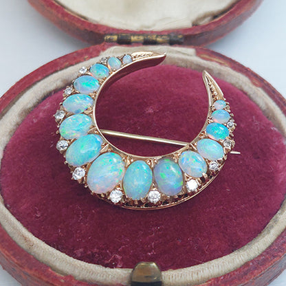 Antique Victorian Opal and Diamond Crescent Brooch