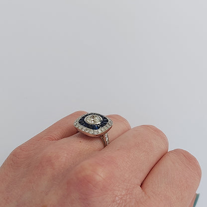 Sapphire and Diamond Cluster Target Ring in 18ct White Gold, 0.84 carats