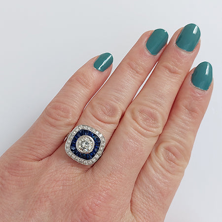 Sapphire and Diamond Cluster Target Ring in 18ct White Gold, 0.84 carats