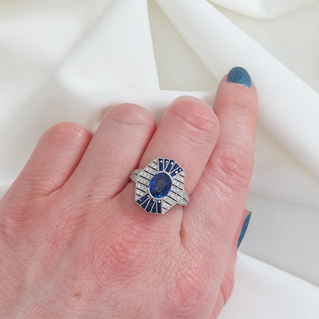 Art Deco Inspired 2.11ct Sapphire and Diamond Cluster Dress Ring in Platinum