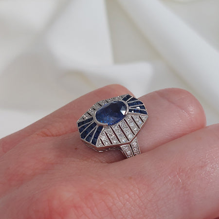 Art Deco Style 2.11ct Sapphire and Diamond Cluster Dress Ring in Platinum