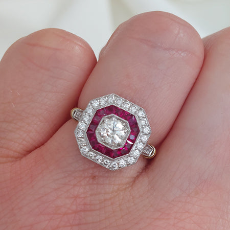 Art Deco Style Ruby Target Cluster Engagement Ring