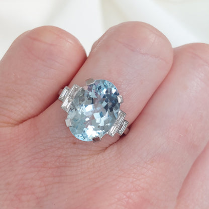 6.50ct Oval Aquamarine Engagement Ring with Baguette Diamond Shoulders
