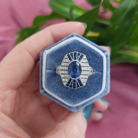 Art Deco Inspired 2.11ct Sapphire and Diamond Cluster Dress Ring in Platinum