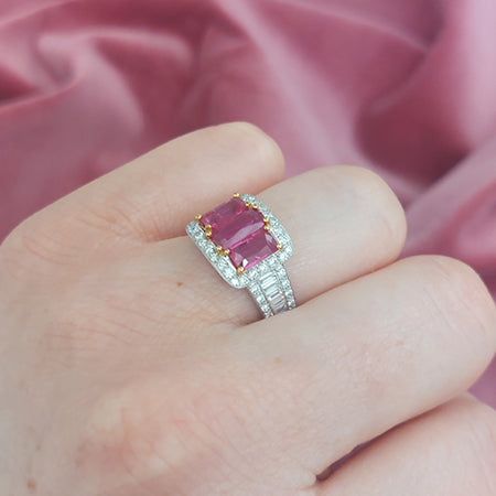 Certified Natural No Heat 1.88ct Ruby and Diamond Cluster Trilogy Engagement Ring with Baguette Diamond Shoulders