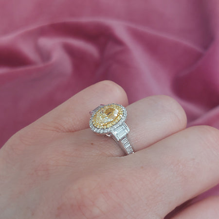 1.50ct Oval Fancy Yellow Diamond Cluster Engagement Ring with Baguette Diamond Shoulders