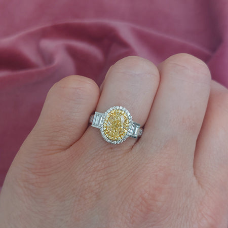 1.50ct Oval Fancy Yellow Diamond Cluster Engagement Ring with Baguette Diamond Shoulders
