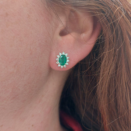 1.61ct Emerald and Diamond Oval Cluster Stud Earrings