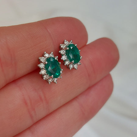 1.61ct Emerald and Diamond Oval Cluster Stud Earrings