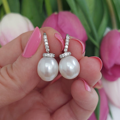 Oval Freshwater Pearl and Diamond Drop Earrings