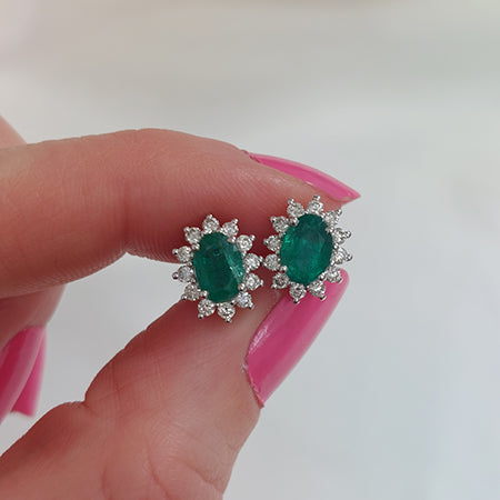 1.61ct Oval Emerald and Diamond Floral Cluster Stud Earrings