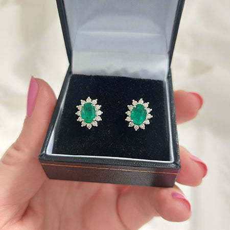 1.61ct Emerald and Diamond Oval Cluster Stud Earrings