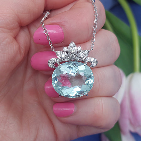 12.08ct Oval Aquamarine and Diamond Pendant on Diamond Set Chain