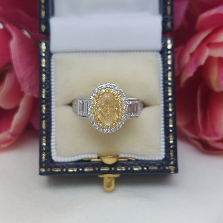 1.50ct Oval Fancy Yellow Diamond Cluster Engagement Ring with Baguette Diamond Shoulders
