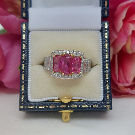 Certified 1.88ct Natural No Heat Ruby and Diamond Cluster Trilogy Engagement Ring with Baguette Diamond Shoulders