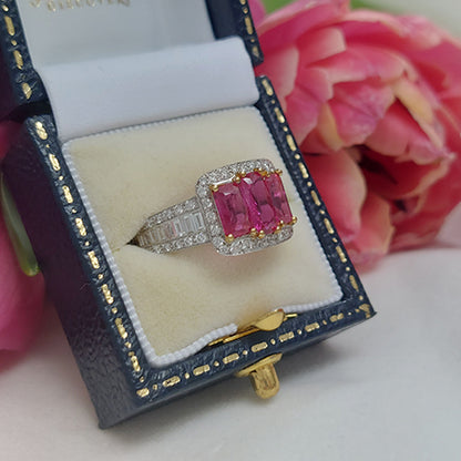 Natural No Heat Ruby Trilogy and Diamond Cluster Engagement Ring with Baguette Diamond Shoulders