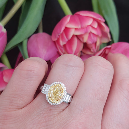 1.50ct Oval Fancy Yellow Diamond Cluster Engagement Ring with Baguette Diamond Shoulders