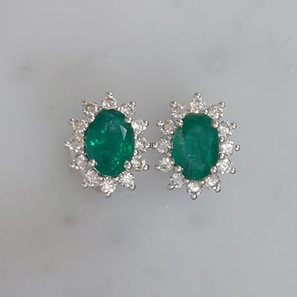 1.61ct Oval Emerald and Diamond Floral Cluster Stud Earrings