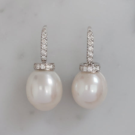 Freshwater Pearl and Diamond Drop Earrings