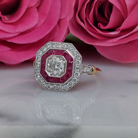 Art Deco Style Ruby Cluster Target Engagement Ring