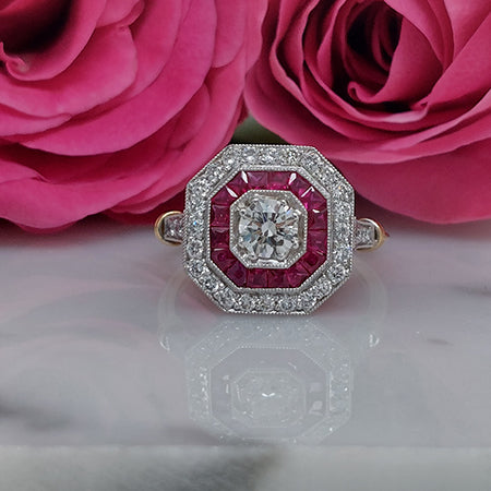 Art Deco Style Ruby Target Cluster Engagement Ring