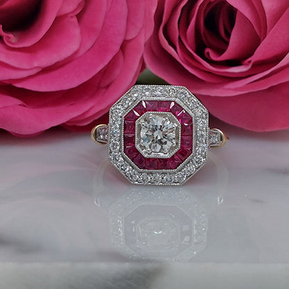 Art Deco Style Ruby Target Cluster Engagement Ring