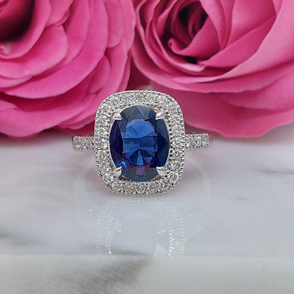 Certified 2.13ct Natural No Heat Sapphire and Diamond Cluster Engagement Ring