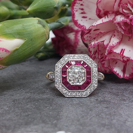 Art Deco Style Ruby Cluster Target Engagement Ring