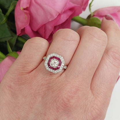 Art Deco Style Ruby Target Cluster Engagement Ring