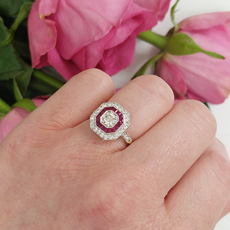 Art Deco Style Ruby Target Cluster Engagement Ring
