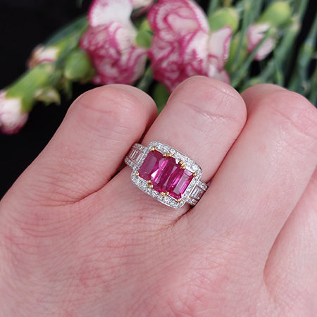 Certified Natural No Heat 1.88ct Ruby and Diamond Cluster Trilogy Engagement Ring