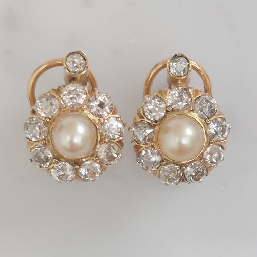Natural Pearl and Diamond Cluster Earrings in 18ct Yellow Gold