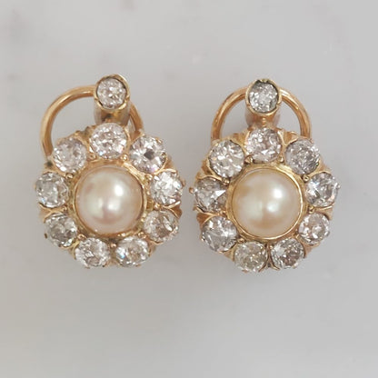 Natural Pearl and Diamond Cluster Earrings in 18ct Yellow Gold