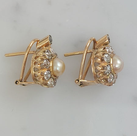 Natural Pearl and Diamond Cluster Earrings in 18ct Yellow Gold