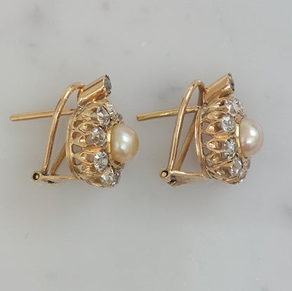 Natural Pearl and Diamond Cluster Earrings in 18ct Yellow Gold