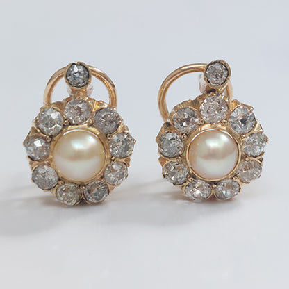 Natural Pearl and Diamond Cluster Earrings in 18ct Yellow Gold