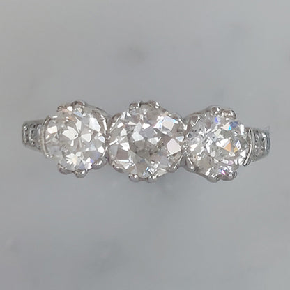 Old Cut Diamond Trilogy Engagement Ring in Platinum, 1.80 carat total