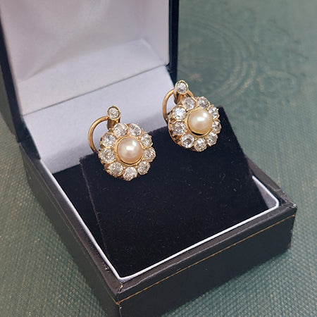 Natural Pearl and Diamond Cluster Earrings in 18ct Yellow Gold