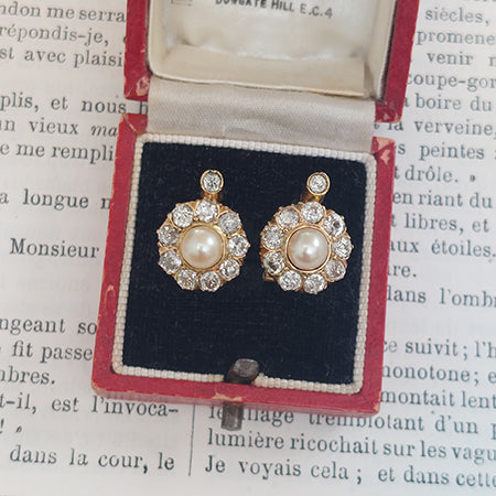 Natural Pearl and Diamond Cluster Earrings in 18ct Yellow Gold