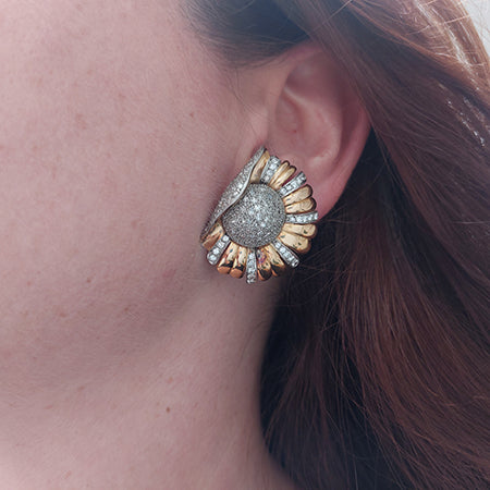 Vintage 1950s Gold and Diamond Flower Earrings, 3.00 carat total