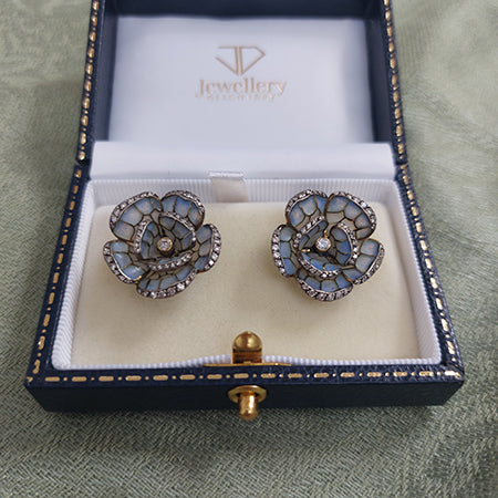 Pale Blue Plique a Jour Enamel and Diamond Flower Earrings